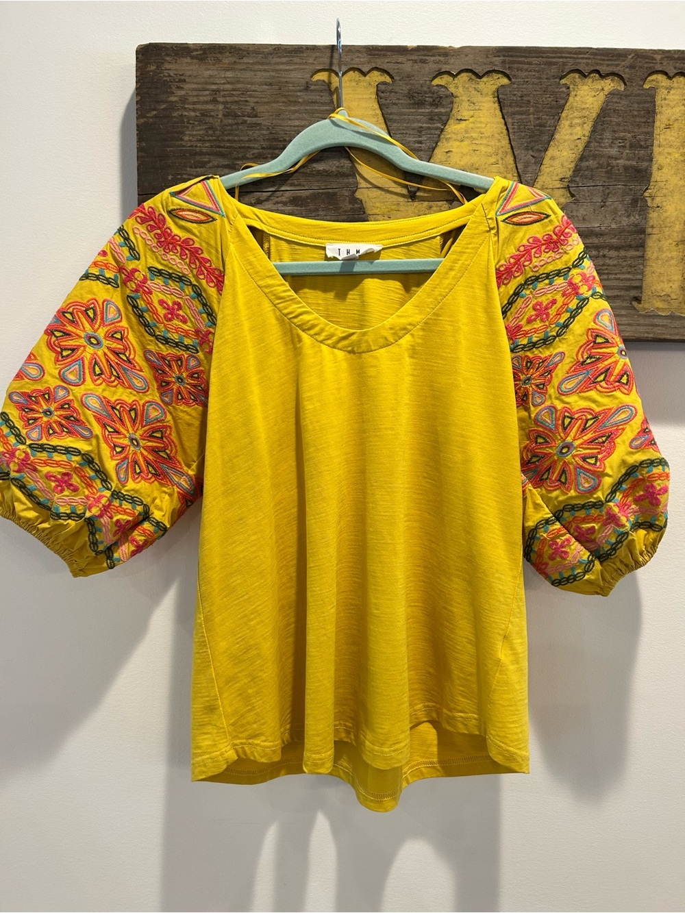 THML Yellow V-Neck Top with Embroidered Puff Sleeves